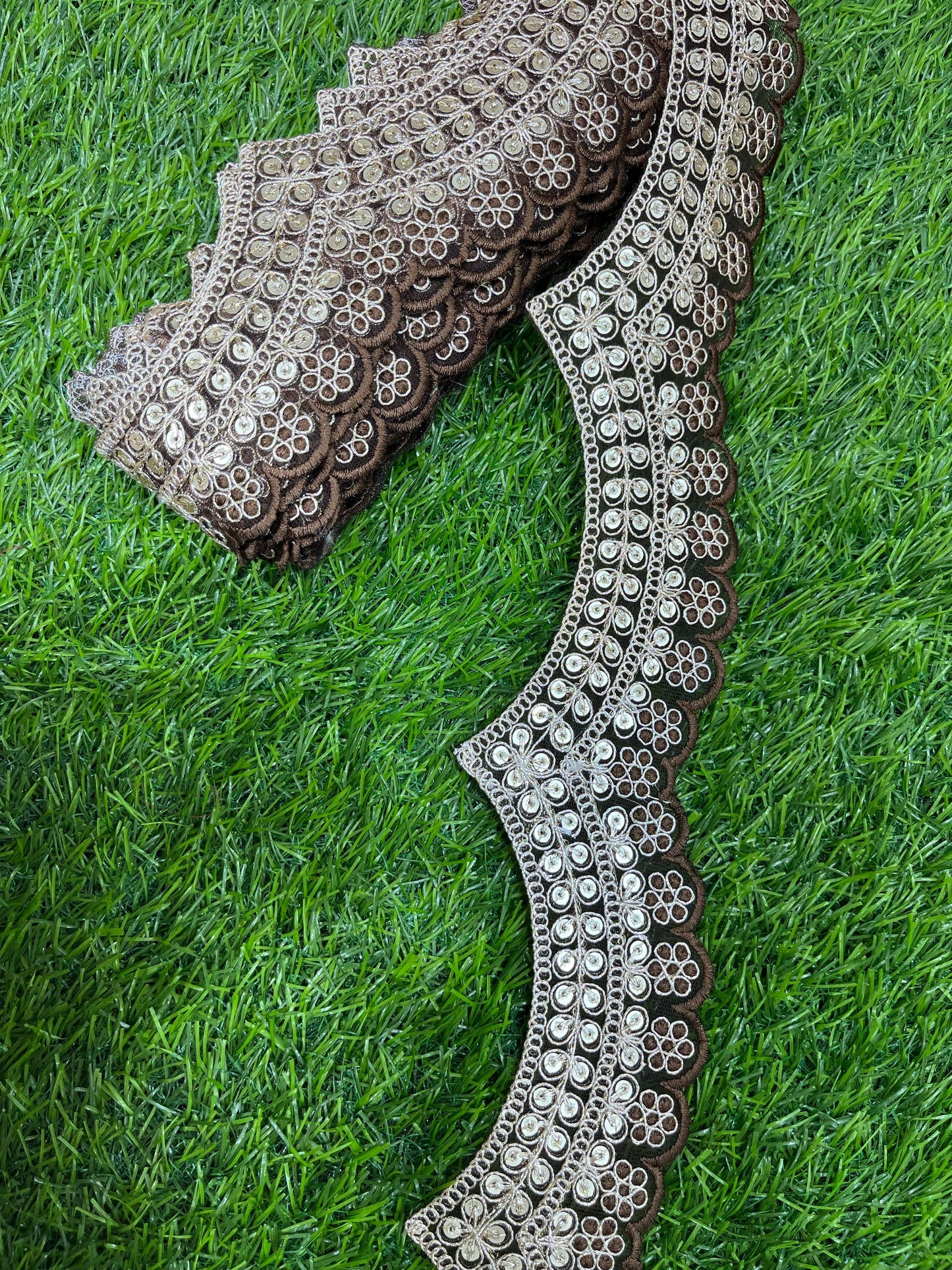 Embroidery Scallop Lace | Sequins Embellishment Trim | Craft Decorative Saree Lace – 9 Meters, 2-Inch Width | Brown