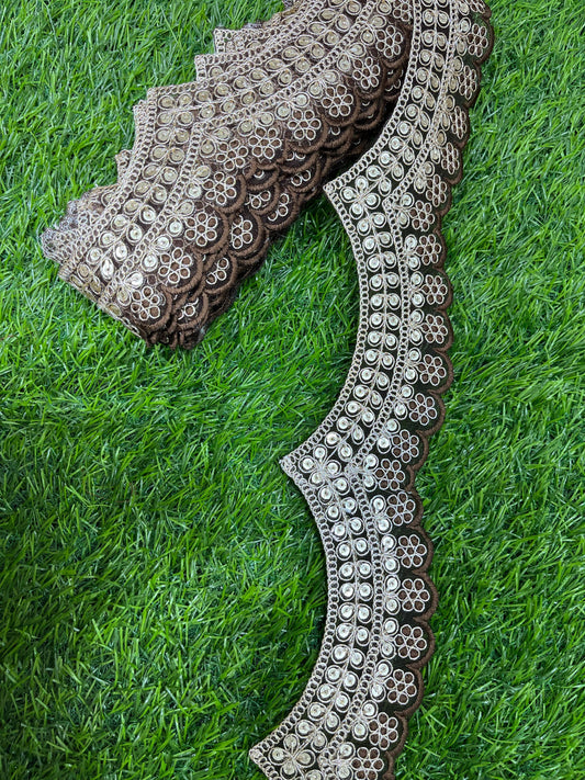 Embroidery Scallop Lace | Sequins Embellishment Trim | Craft Decorative Saree Lace – 9 Meters, 2-Inch Width | Brown