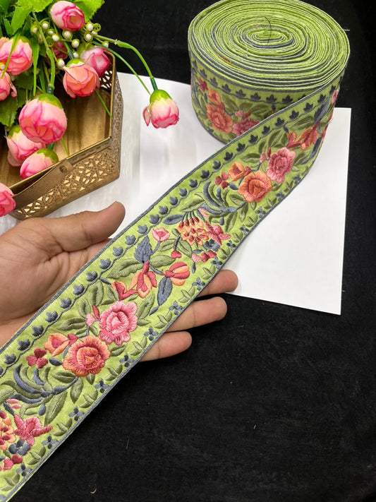 Thread Embroidery Flower Indian Lace Trim for Sarees, Kurtis & Dresses – Designer Floral Embroidered Lace Border (3 Inch) | C Green