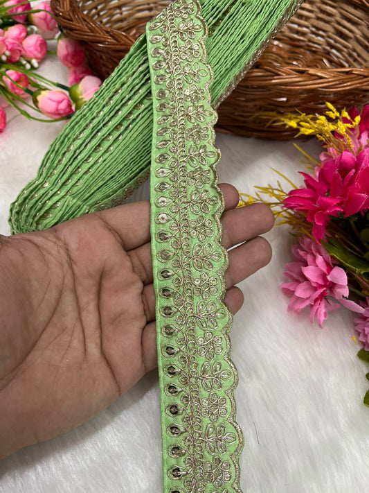 Embroidered Designer Lace – Indian Wedding Trims, Saree Border, 1.5 Inch Wide Lace Reel (9 Mtr) | C Green