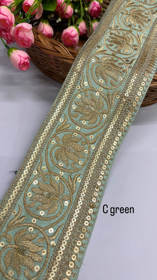 Embroidered Designer Lace Trim for Lehengas – 9 Meters, 4-Inch Width | C Green