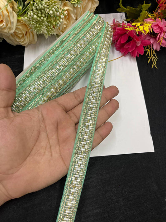 Delicate Pearl Work Designer Saree Laces – 9 Meters, 1-Inch Maggam Work Border for Sarees, Lehengas & Dupattas | C Green