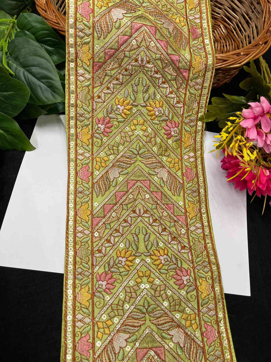 Multicolored Embroidered Lehenga Lace – 9 Meters, 7-Inch Heavy Designer Saree Laces Border for Lehengas, Sarees & Dupattas | C Green