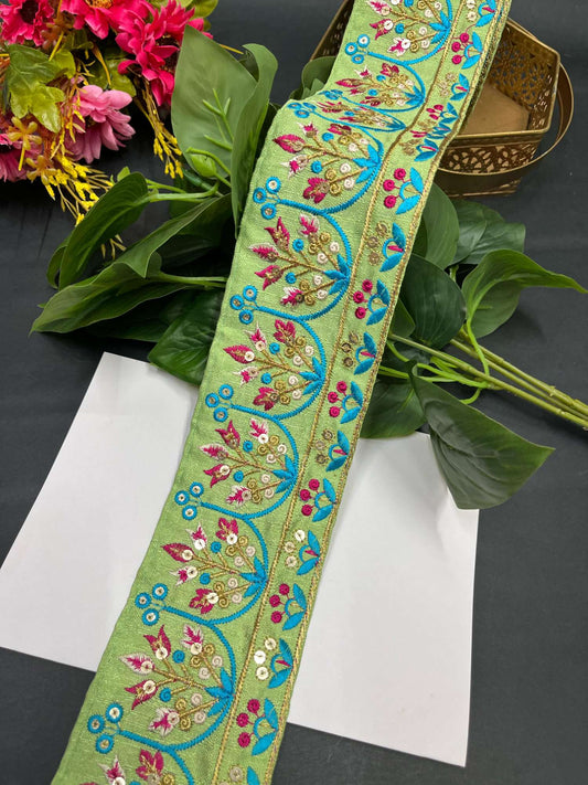 Embroidered Fabric DIY Crafting Lace Trim – 9 Meters, 3-Inch Indian Decorative Sewing Border for Ethnic Wear & Projects | C Green