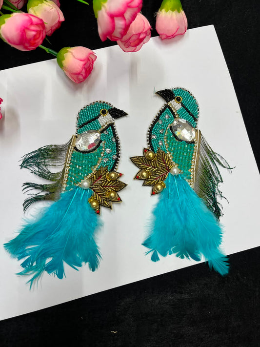 Handcrafted Feather Bird Patches for Sarees, Lehengas, Blouses & Dresses – Designer Bird Applique Set of 2 | DC1045 | C Green