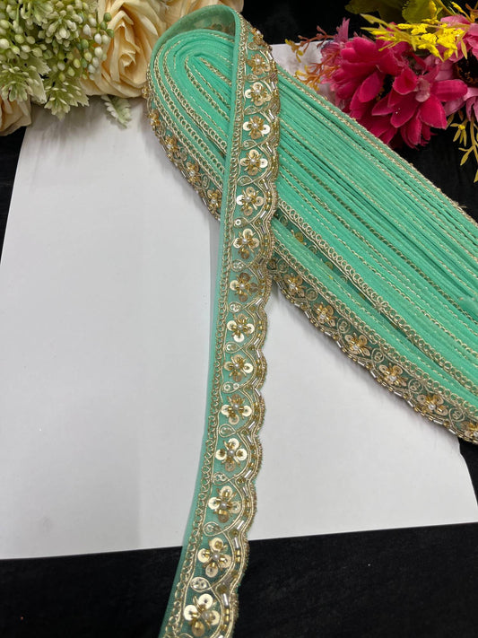 Handcrafted Katdana Saree Laces – 9 Meters, 1-Inch Maggam Work Embellished Border for Sarees, Lehengas & Dupattas | C Green