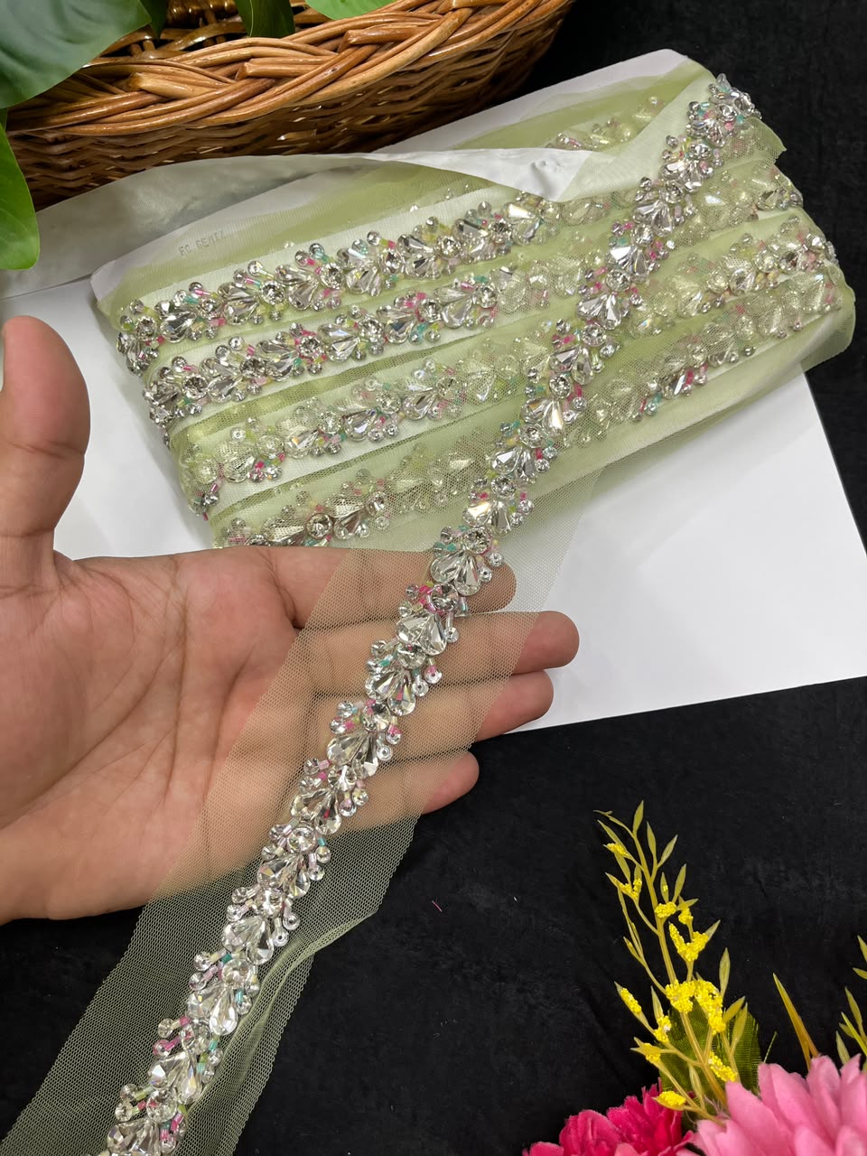 Designer Handmade Crystal Lace for Sarees, Lehengas & Dupattas – Premium Decorative Crystal Lace Border (1 Inch) | DC1012 | C Green