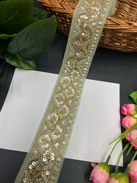 Katdana and Beaded Saree Lace – 9 Meters, 2.5-Inch Maggam Work Embroidered Border for Lehengas & Dupattas | C Green