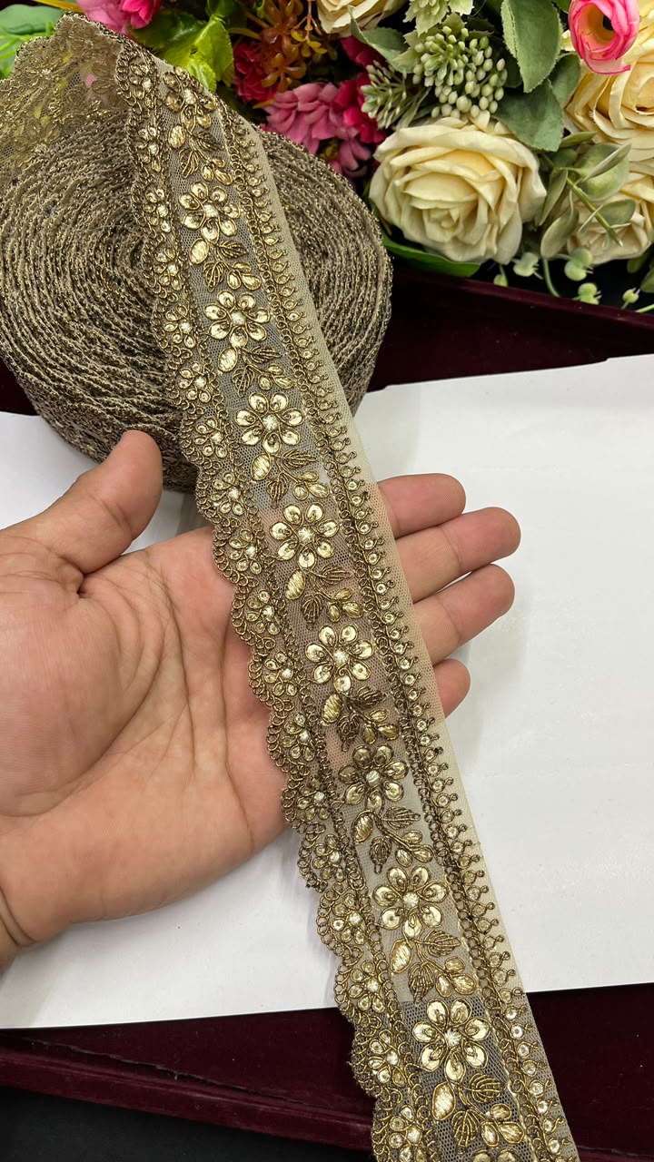 Golden Sequin Work Embroidered Saree Lace for Sarees, Lehengas, Dupattas & Blouses – Designer Gold Embroidery Lace Border (2 Inch) | DC1073 | Copper