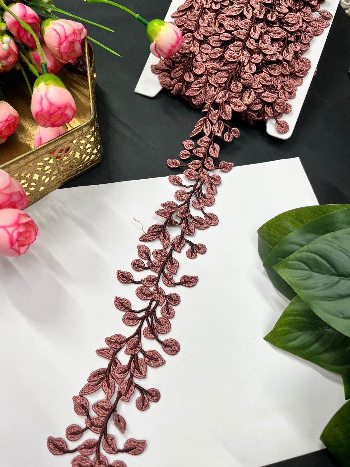 Stunning Guipure Leaf Imported Lace Trim – Designer Saree Laces (9 Meter Roll) | Coffee