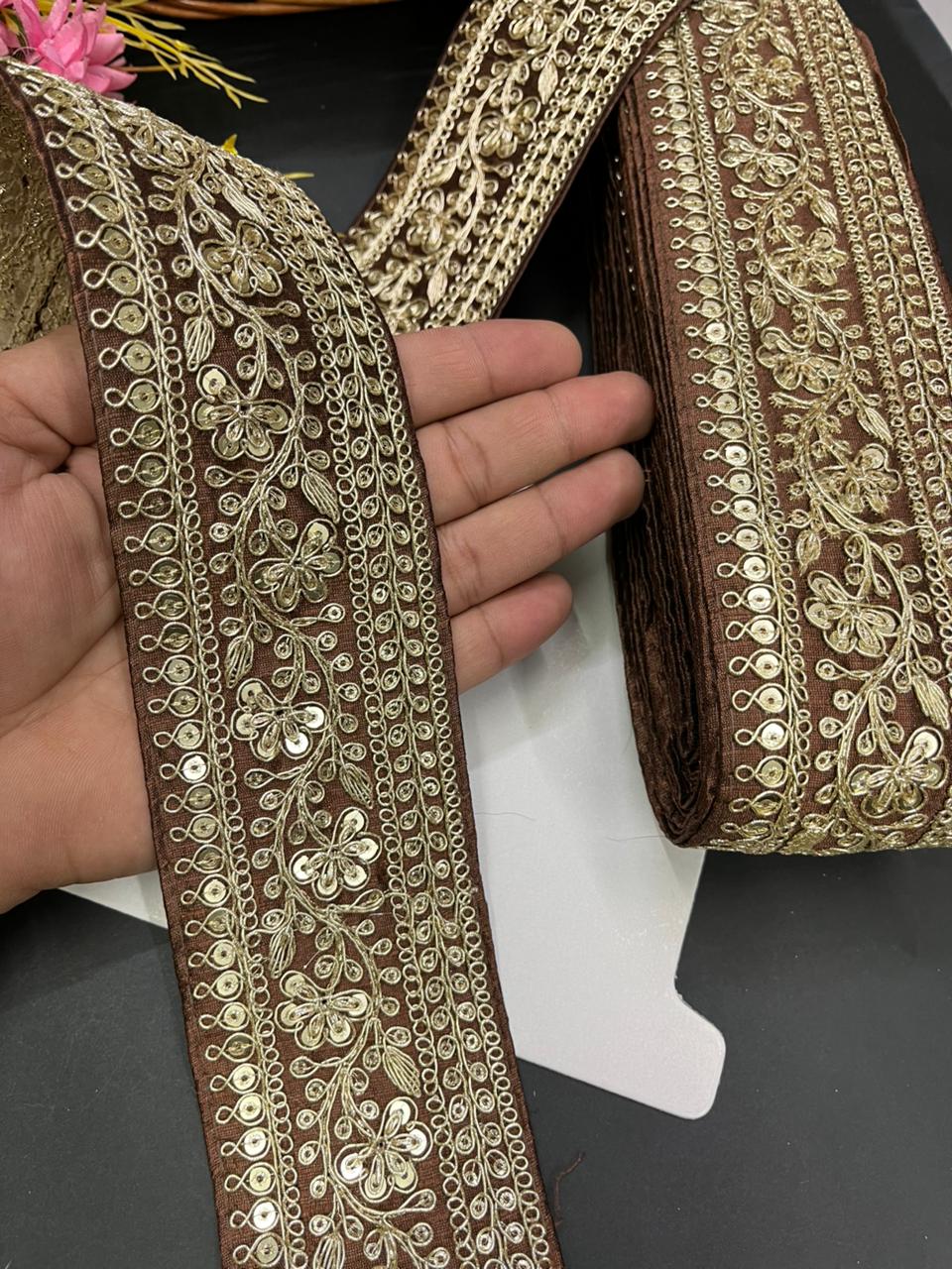 Embroidered Zari Lace Border for Saree, Lehenga & Craft Projects – Heavy 3 Inch Designer Embroidery Lace for Ethnic Wear (9 Meter) | Coffee