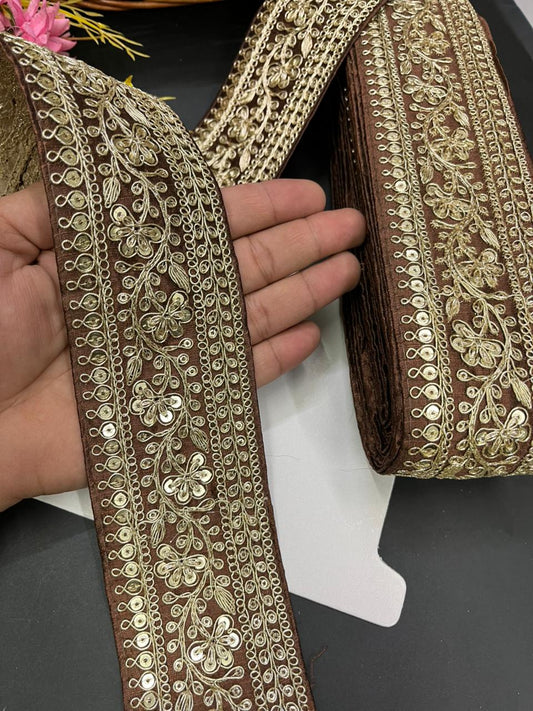 Embroidered Zari Lace Border for Saree, Lehenga & Craft Projects – Heavy 3 Inch Designer Embroidery Lace for Ethnic Wear (9 Meter) | Coffee