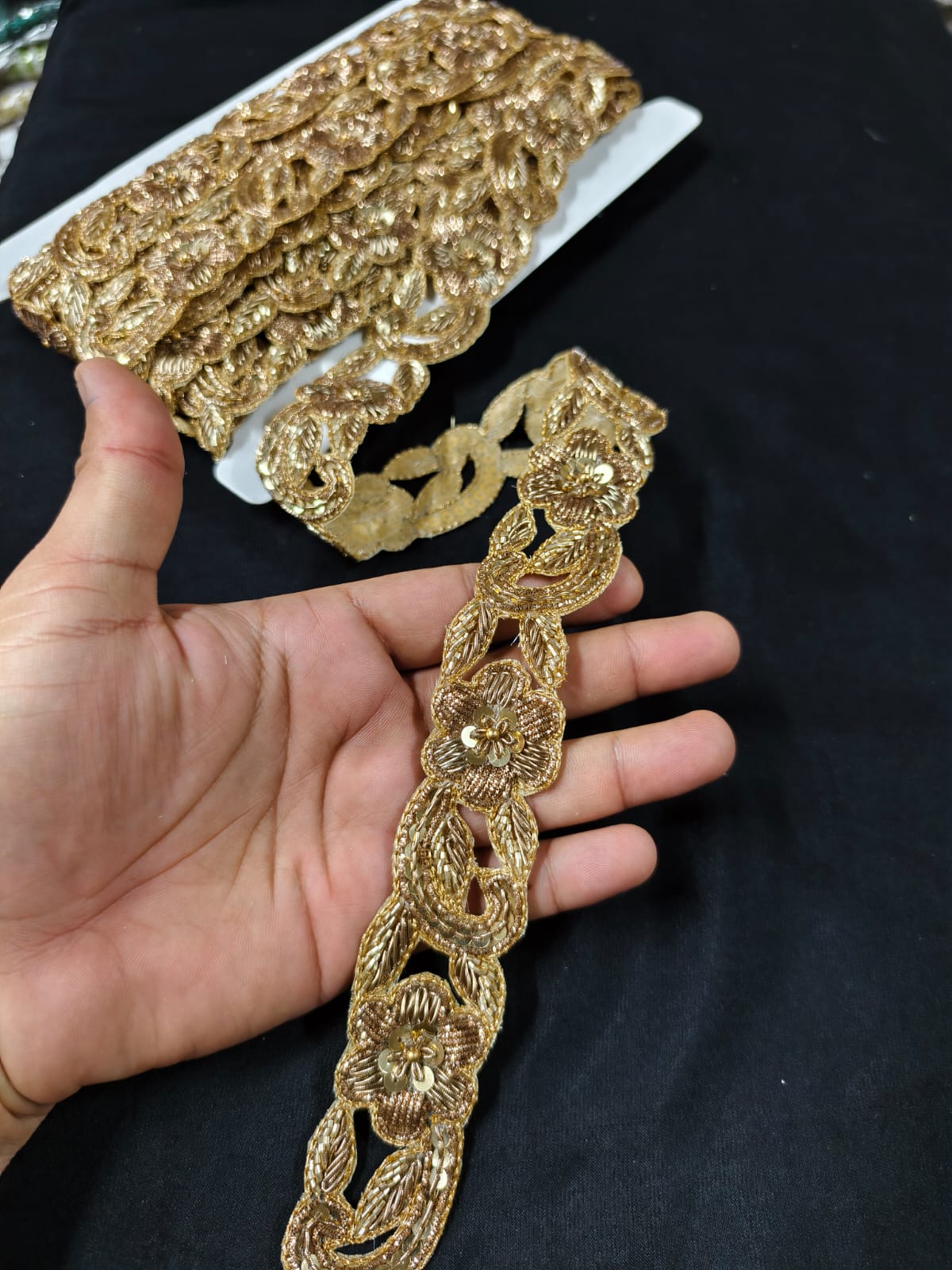 Handmade Cutdana & Zardozi Work Lace for Sarees, Lehengas, Dupattas & Blouses – Premium Handcrafted Embellished Lace Border (1.5 Inch) | DC1046 | Copper Gold
