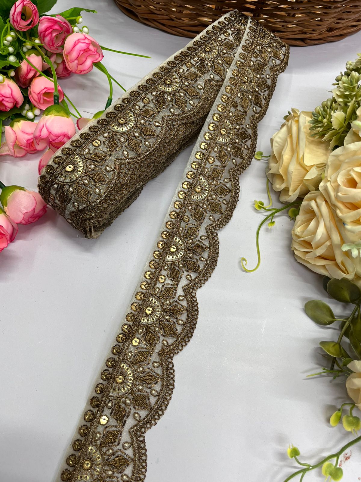 Elegant Scalloped Sequins Work Lace, Embroidered Gold Lace - 9 Meter (2 Inch Width, Copper Gold)
