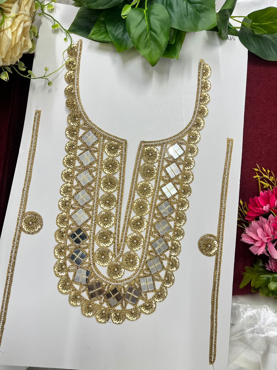 Handmade Mirror Work Neck Patch for Kurtis, Dresses & Blouses – Designer Handcrafted Mirror Neckline Applique | DC1005 | Copper