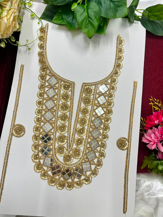 Handmade Mirror Work Neck Patch for Kurtis, Dresses & Blouses – Designer Handcrafted Mirror Neckline Applique | DC1005 | Copper