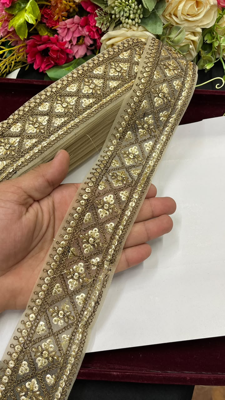 Golden Sequin Work Embroidered Saree Lace for Sarees, Lehengas, Dupattas & Blouses – Designer Gold Embroidery Lace Border (2.5 Inch) | DC1072 | Copper