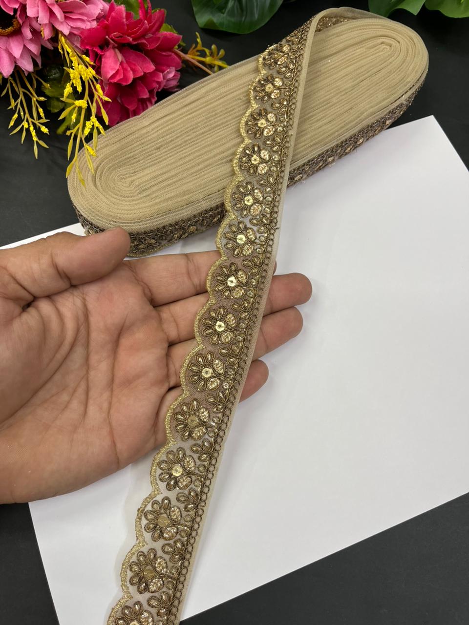 Zari Embroidery Scalloped Lace – Premium 1 Inch Gold Embroidered Border for Sarees, Dupattas, Lehengas & Festive Wear (9 Meter) | Copper