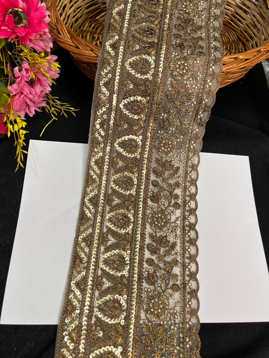 Sequins Gold Embroidered Lehenga Lace Border – 9 Meters, 6-Inch Heavy Bridal Trim for Sarees, Dupattas & Ethnic Wear - Copper