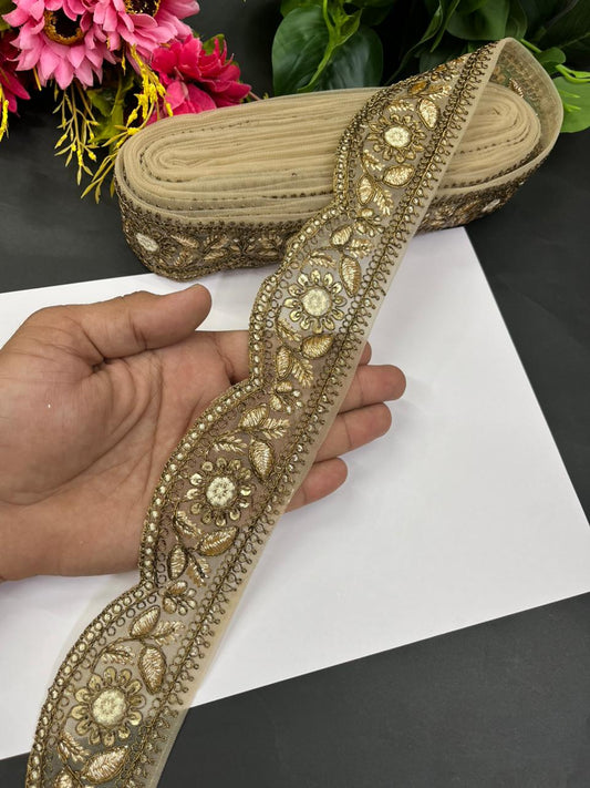 Zari Embroidery Scalloped Lace – Premium 2 Inch Gold Embroidered Border for Sarees, Dupattas, Lehengas & Festive Wear (9 Meter) | Copper