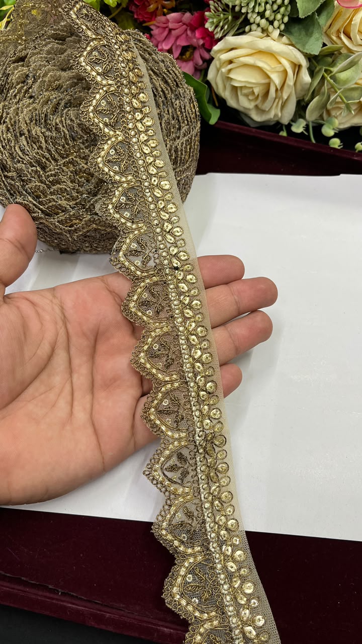 Golden Sequin Work Embroidered Saree Lace for Sarees, Lehengas, Dupattas & Blouses – Designer Gold Embroidery Lace Border (1.5 Inch) | DC1074 | Copper