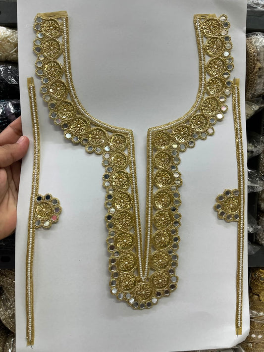 Designer Zardozi Mirror Work Neck Patch for Kurtis, Dresses & Blouses – Premium Handcrafted Embroidered Neckline Applique | DC1006 | Copper