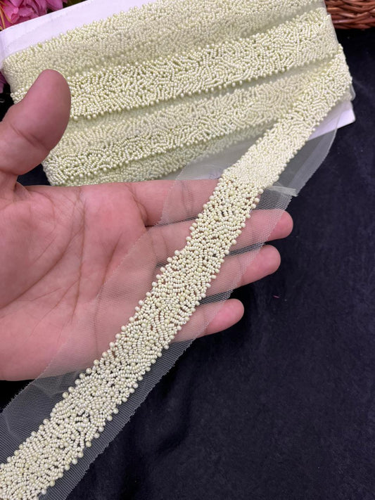 Exclusive Pearl Work Handcrafted Lace Trim for Sarees, Kurtis & Dresses – Designer Handmade Pearl Embroidery Lace Border | Cream