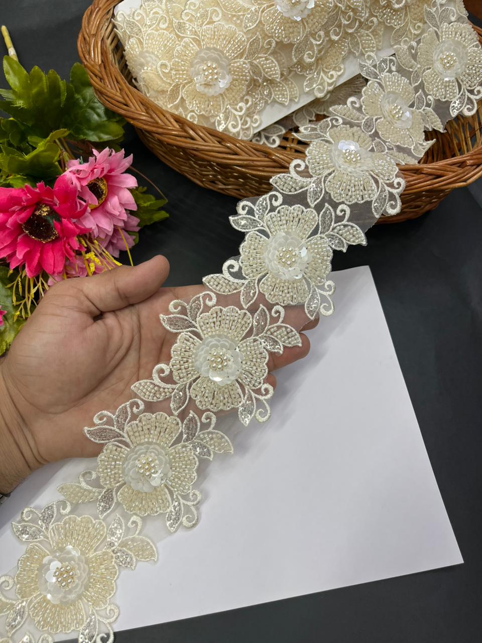 Imported Bead Work Flower Lace – Premium Designer Imported Lace Border for Sarees & Ethnic Wear | Cream