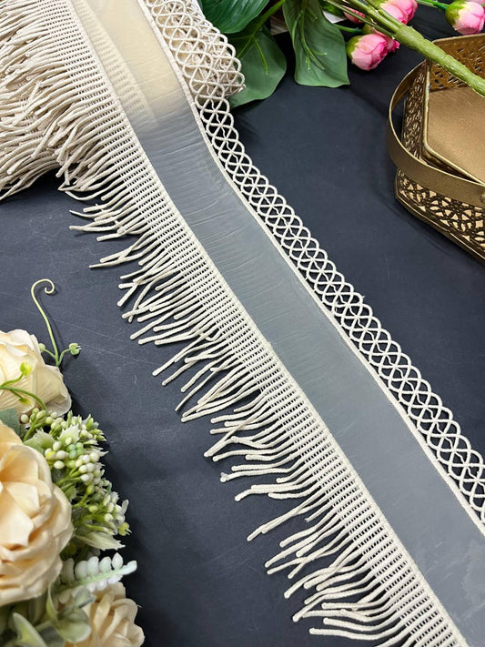 Organza Fringes Imported Lace Trim – Premium Saree Laces for Dresses & Dupattas (9 Meter Roll) | Cream