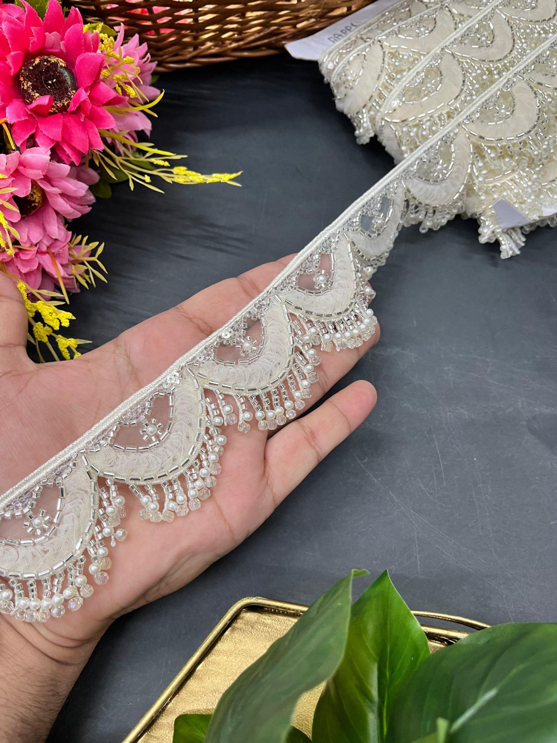 Beautiful Multicoloured Imported Hanging Lace Trim – Premium Saree Laces & Dress Borders (9 Meter) | Cream