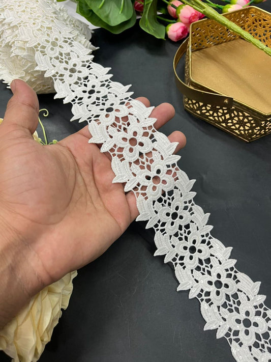 White Cutwork Imported Lace Trim – Designer Saree Lace Border for Dresses, Dupattas & Lehengas (9 Meter) | Cream