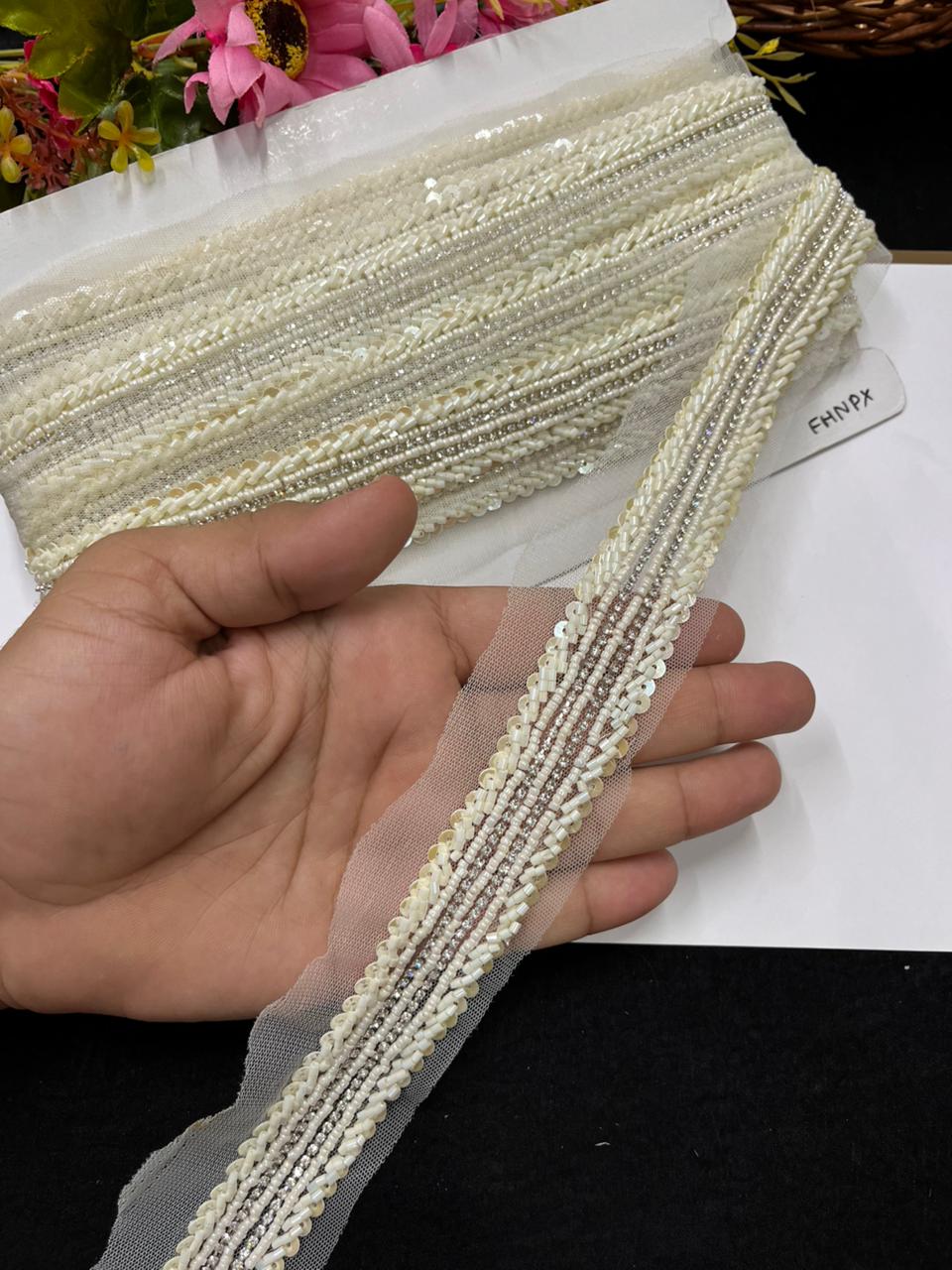 Handmade Sequins Diamond Lace on Net Fabric for Sarees, Kurtis & Dresses – Designer Embroidered Lace Border (1.5 Inch) | Cream