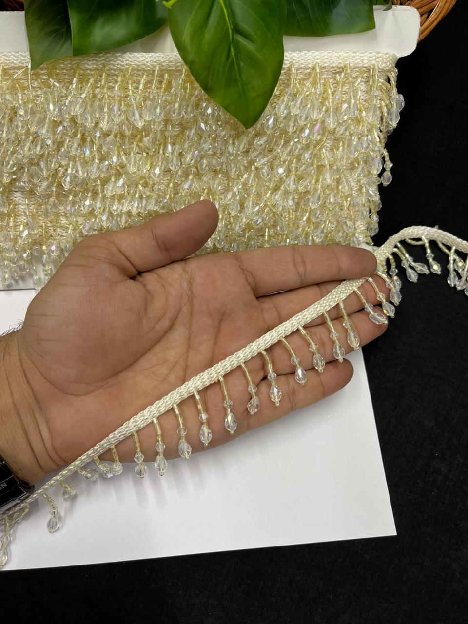 Beautiful Crystal Hanging Lace – Premium Designer Latkan Lace | Cream