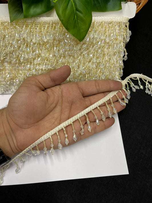 Beautiful Crystal Hanging Lace – Premium Designer Latkan Lace | Cream