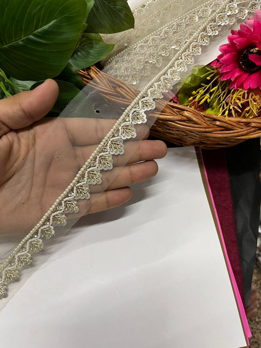 Exclusive Sequins Work with Pearl Handcrafted Lace for Sarees, Lehengas & Blouses – Premium Designer Handmade Lace Border (1 Inch) | Cream