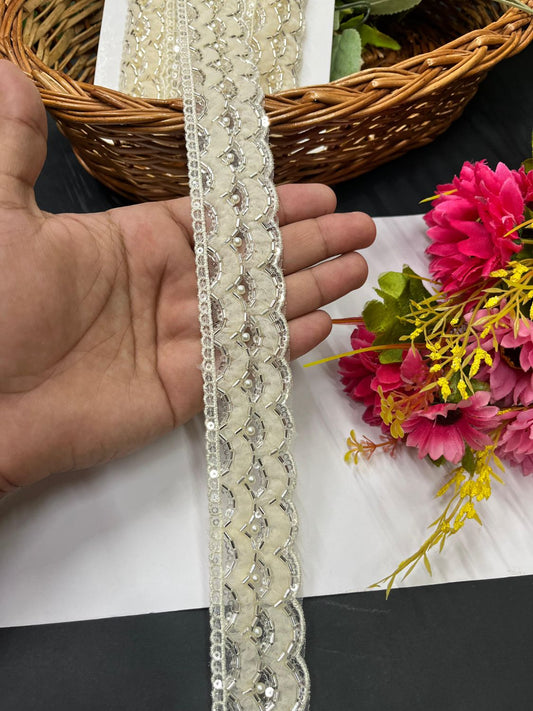 Beautiful Imported Lace with Delicate Pipe Work – 9 Meter | Cream