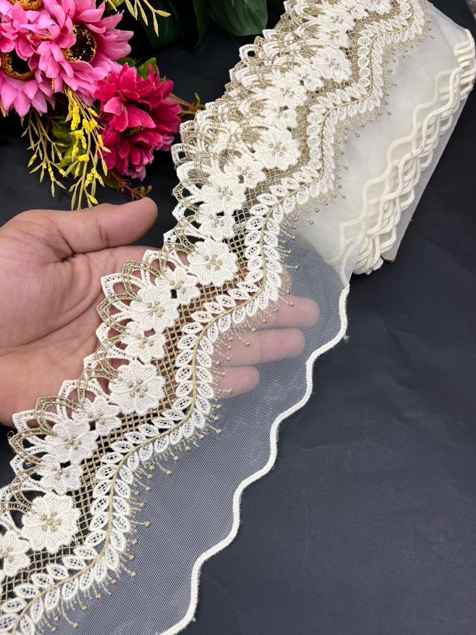 Imported Cutwork Style Lace & Trims – Premium 4.5 Inch Designer Border for Sarees, Dupattas, Gowns & Dresses (9 Meter) | Cream