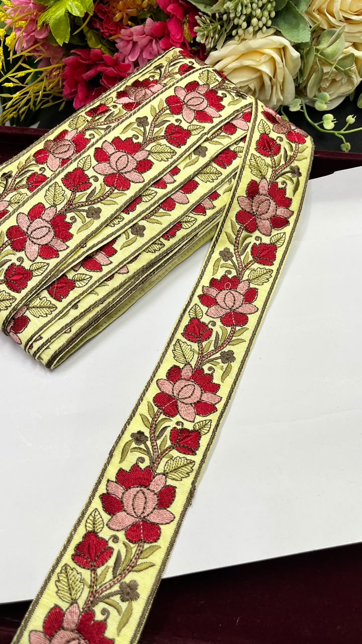 Exclusive Parsi Gara Work Lace for Sarees, Lehengas, Dupattas & Blouses – Designer Thread Embroidery Lace Border (2 Inch) | DC1071 | Cream