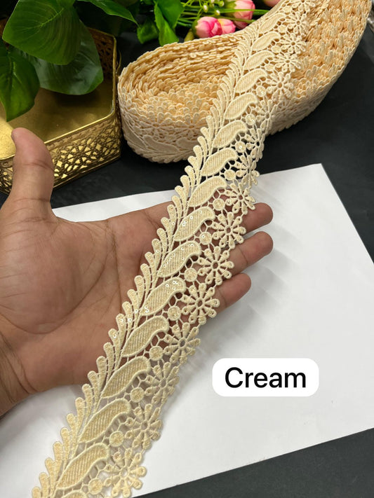 Imported Cotton Lace Border for Sarees & Dresses – 2 Inch Designer Western Lace (9 Meter Roll) | Cream