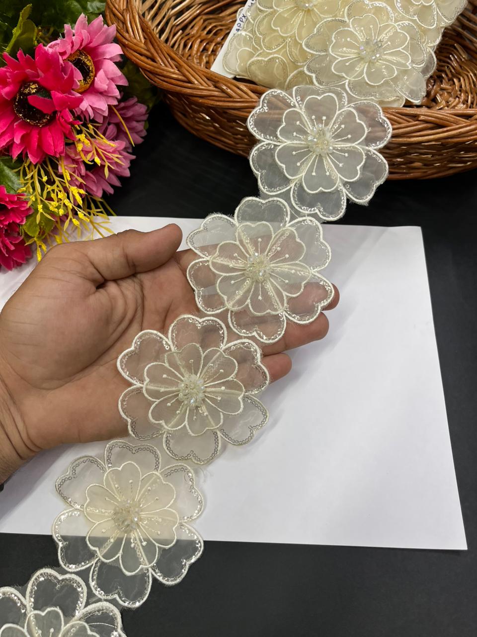 Elegant 3D Flower Lace – Imported Floral Design Trim (9 Meter) | Cream
