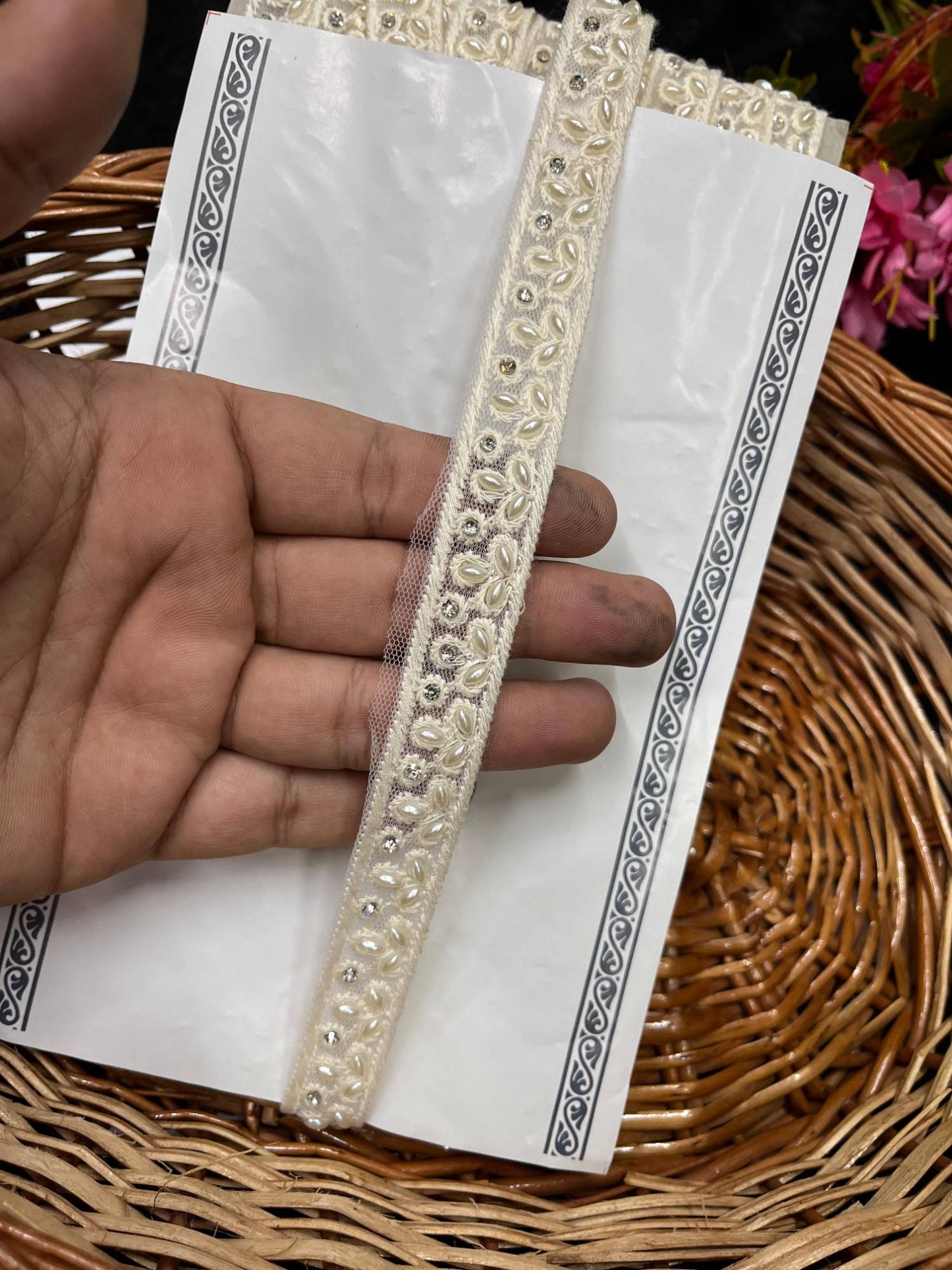 Beautiful Pearl Work Saree Laces – 9 Meters, 1-Inch Lucknowi Lace Trim for Sarees, Lehengas & Dupattas | Cream 3