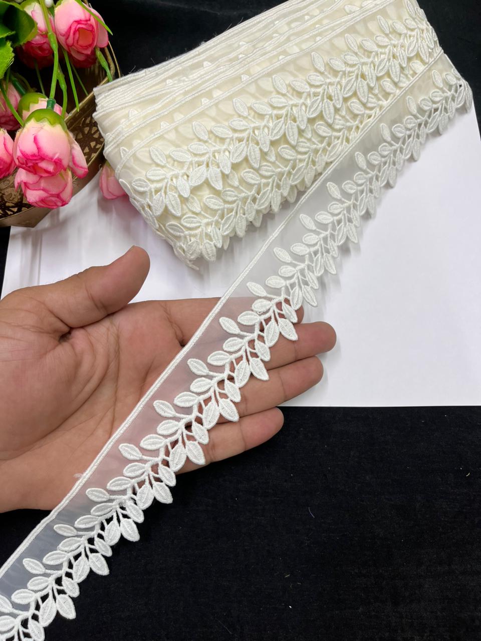 Beautiful Imported Organza Lace Trim for Sarees, Dresses & Kurtis – Designer Soft Organza Lace Border (1.5 Inch) | Cream