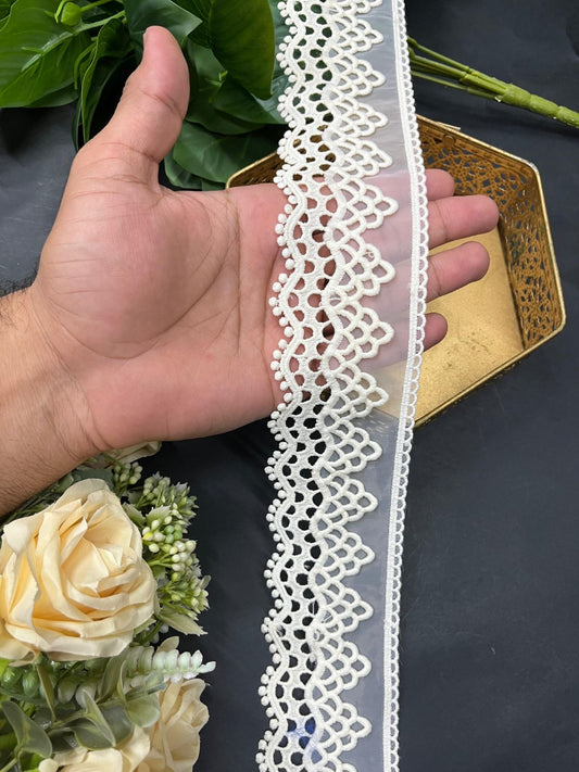 Cutwork Style Organza Imported Lace Trim – Designer Saree Laces & Dress Borders (9 Meter) | Cream