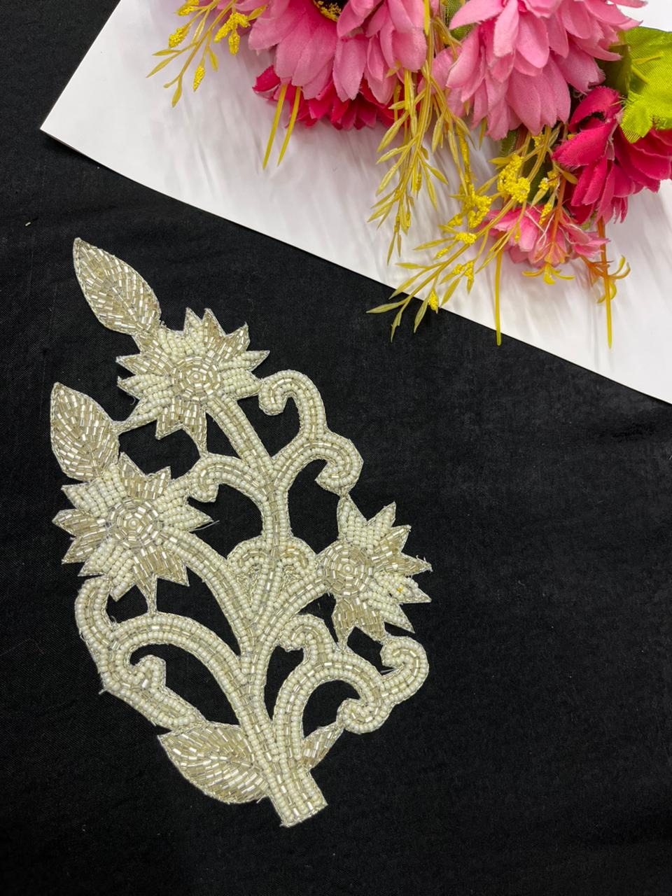 Handcrafted Beaded Cutwork Patch Gold Applique for Sarees, Blouses & Dresses – Designer Embroidered Applique Patch | Cream