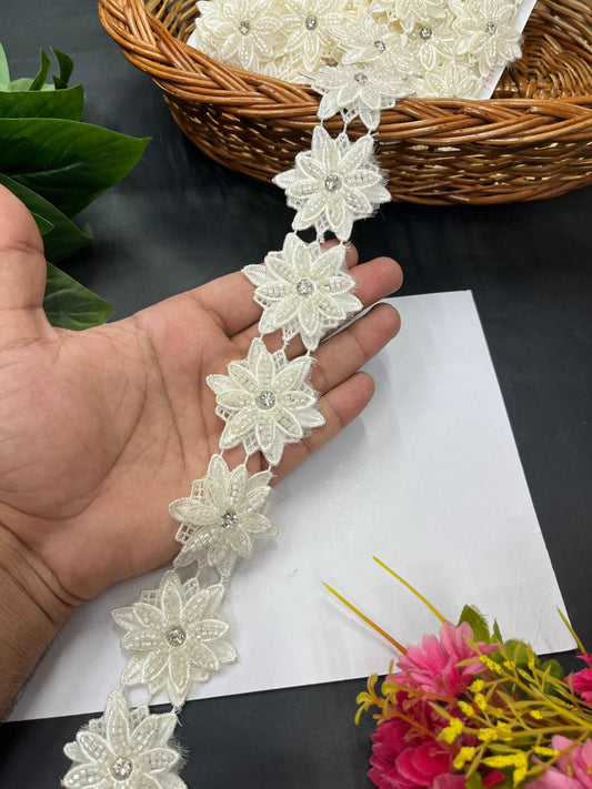 Flower Beaded Lace Designer Lace Border – Imported Decorative Lace for Sarees, Dupattas, and Dresses (9 mtr, 1.5 inch) | Cream