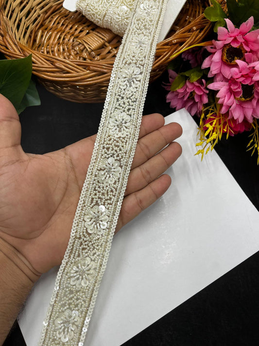 Handcrafted Katdana & Sequence Lace Trim for Sarees – Elegant Designer Border for Lehengas & Dupattas (9 Meter, 1.5 Inch Width) | Cream