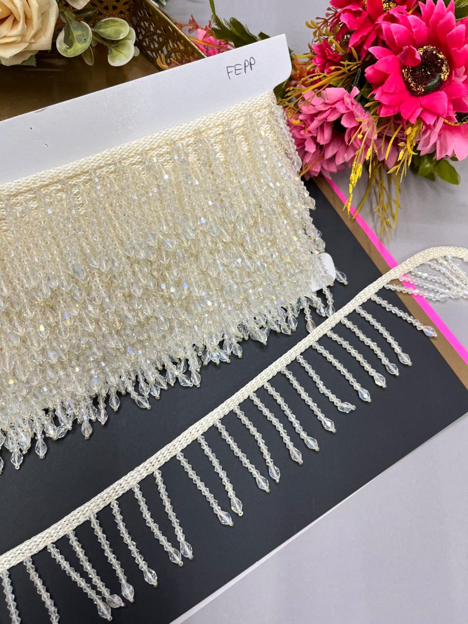 Handmade Crystal Hanging Lace Trim – Designer Crystal Tassel Latkan Lace Border for Sarees, Dupattas & Lehengas (9 Meter, 2 Inch Width) | Cream