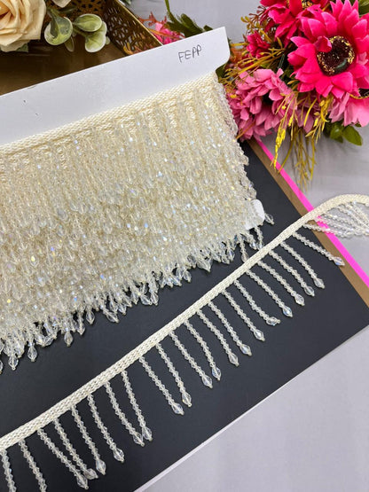 Handmade Crystal Hanging Lace Trim – Designer Crystal Tassel Latkan Lace Border for Sarees, Dupattas & Lehengas (9 Meter, 2 Inch Width) | Cream