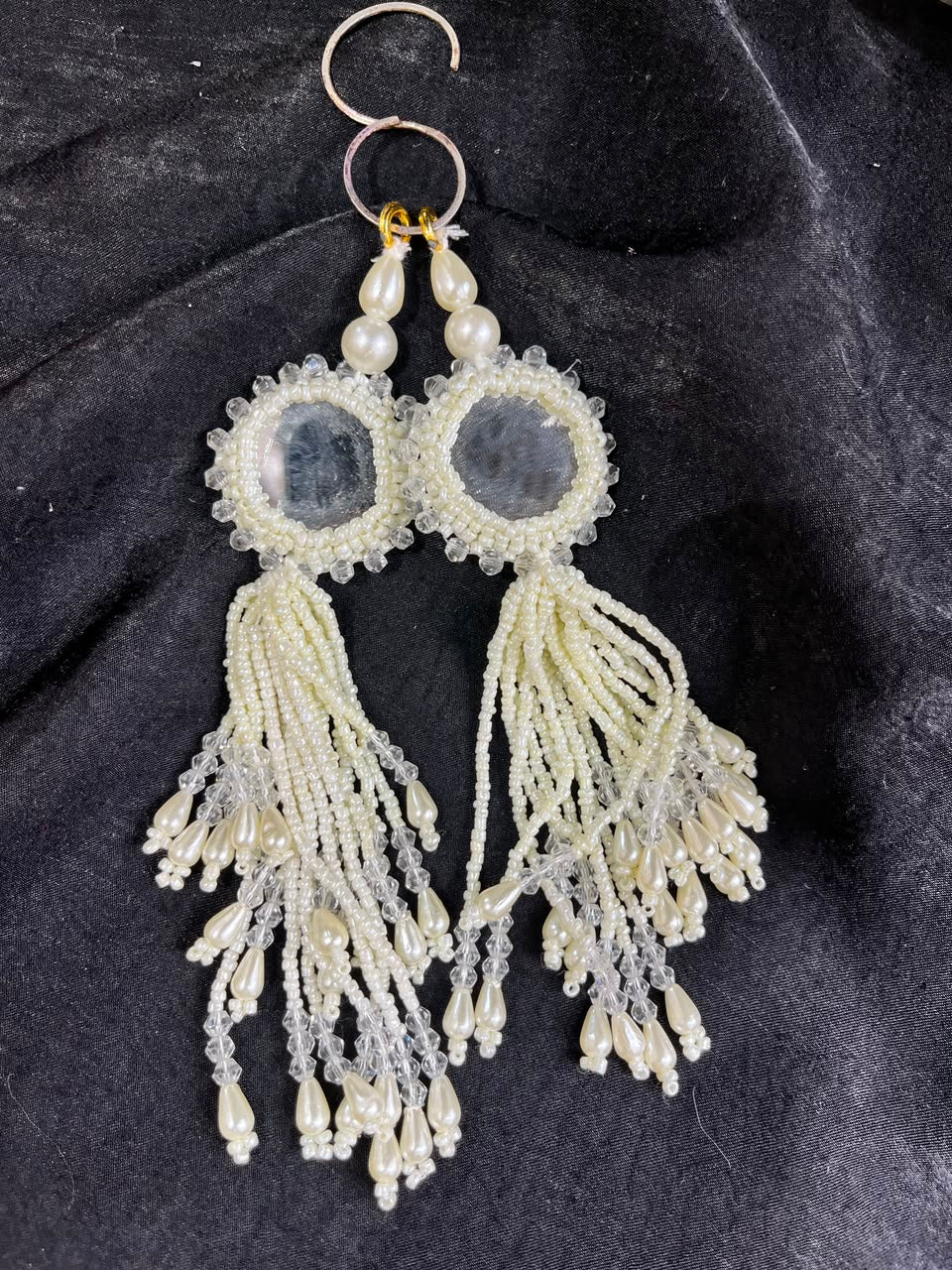 Designer Mirror Tassels (Latkans) for Blouses, Dresses & Lehengas – Decorative Mirror Hanging Tassels Set of 2 | DC0998 | Cream