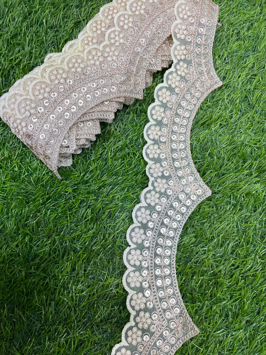 Embroidery Scallop Lace | Sequins Embellishment Trim | Craft Decorative Saree Lace – 9 Meters, 2-Inch Width | Cream